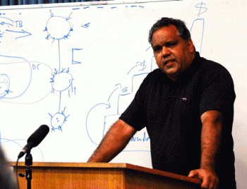 Noel Pearson at the Cape York Institute with Andrew Mawson;s "Snake Diagram" Partially in View